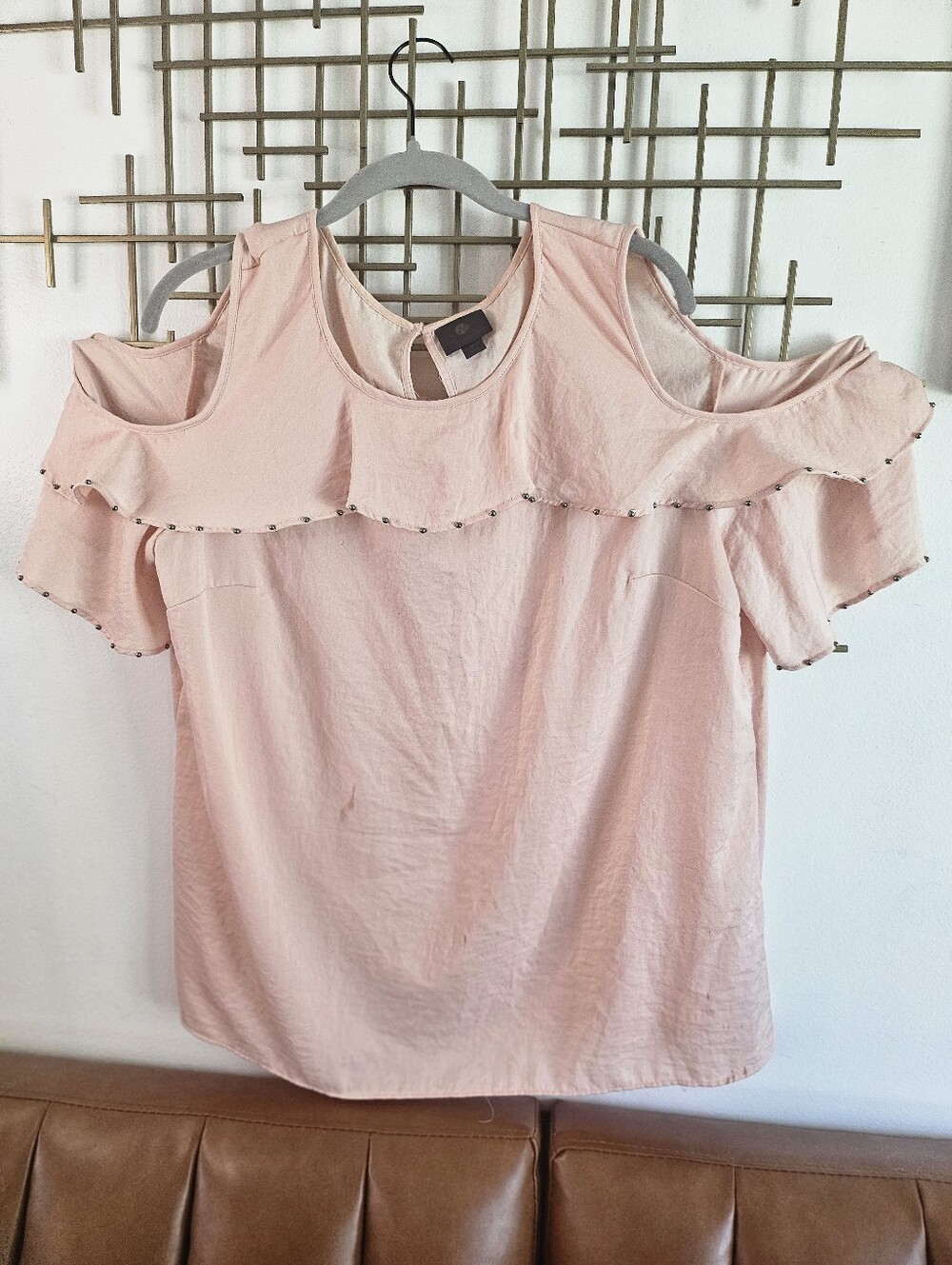 2X- JM Collection- Cold-Shoulder Ruffle Blouse - Soft Pink